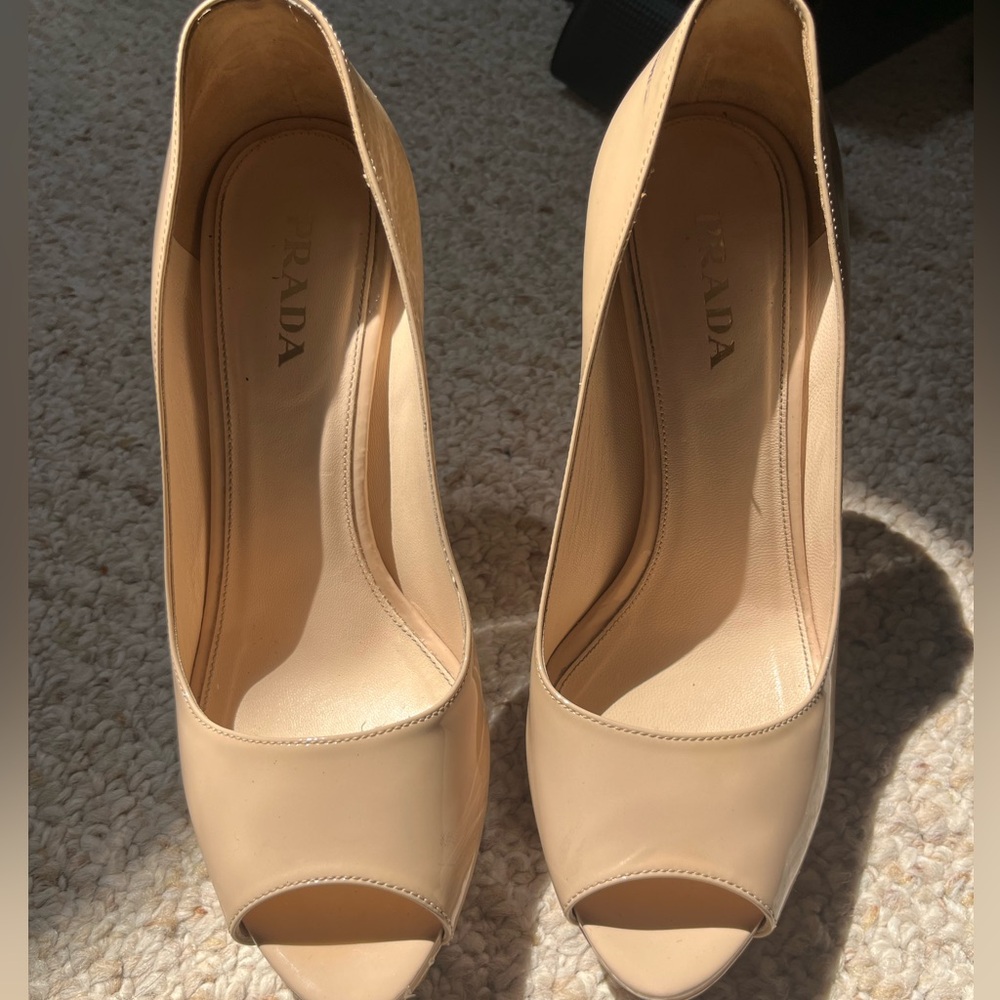 Prada Peep Toe Patent Leather Stiletto Heels